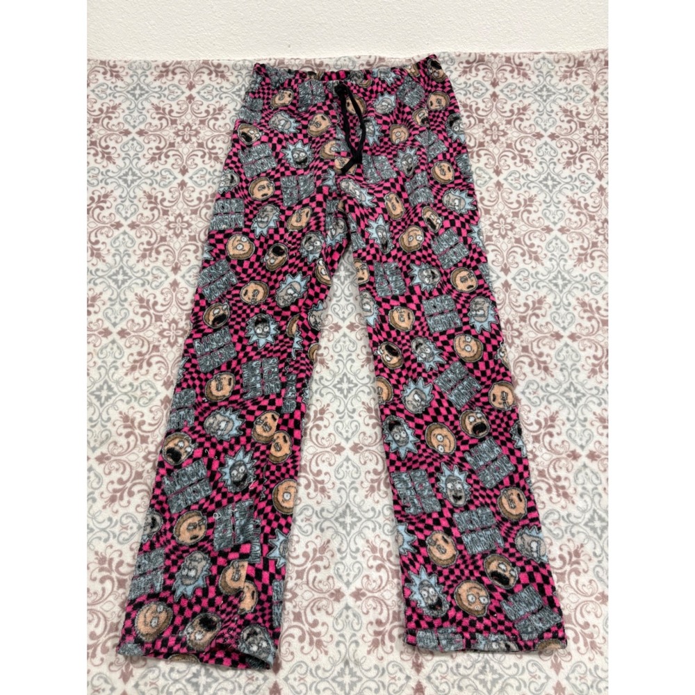 Rick and Morty Pink Checkered Fleece Pajama Pants Mens Large Lounge Bottoms